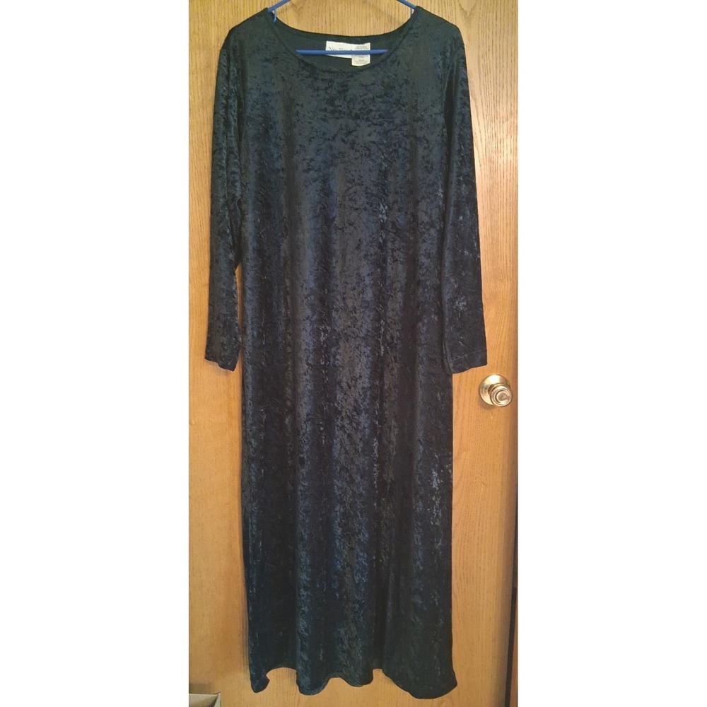 VTG New Visions Dark Emerald Green Crushed Velvet Maxi Dress Women's Long Sleeve